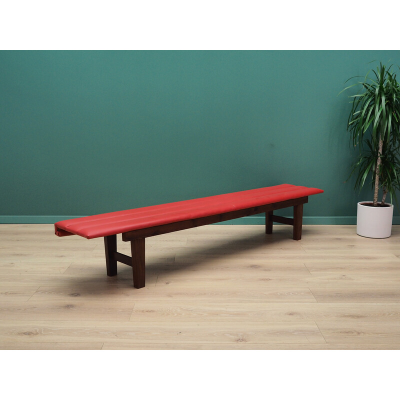 Vintage bench in teak wood and red leather, Denmark 1990