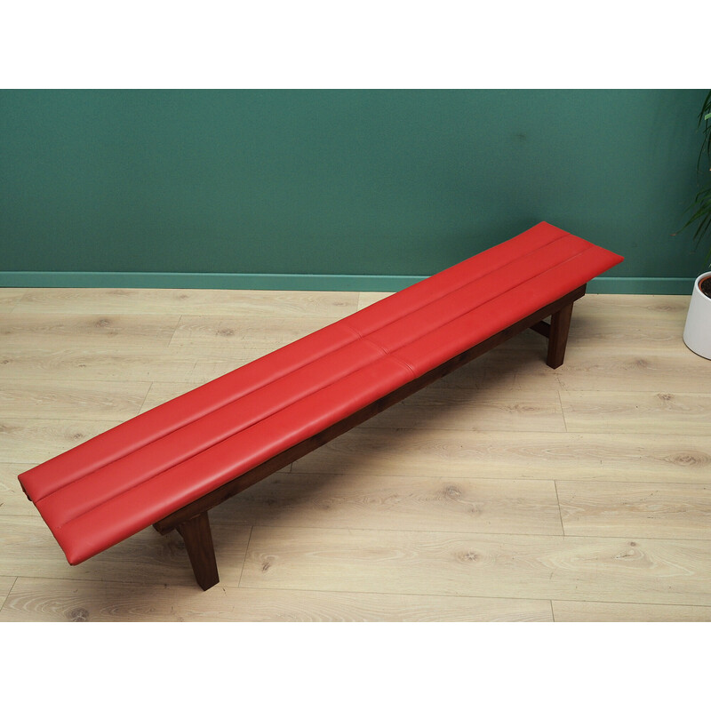 Vintage bench in teak wood and red leather, Denmark 1990
