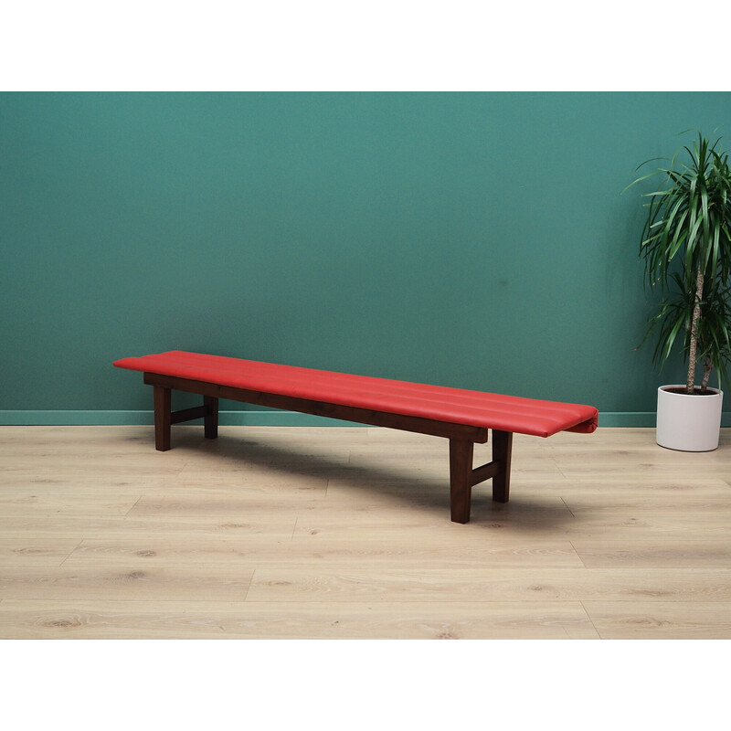 Vintage bench in teak wood and red leather, Denmark 1990