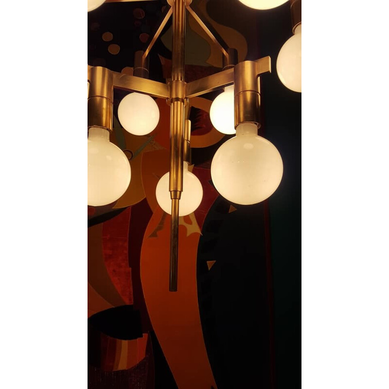 Scandinavian golden brass chandelier with 9 arms - 1960s