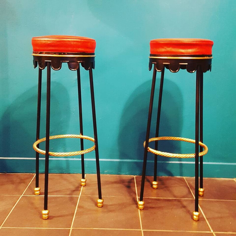 Pair of red leather stools - 1950s