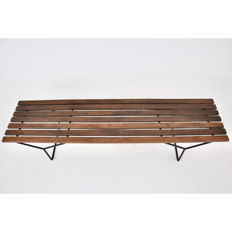 Vintage bench in wood and black metal, Italy 1960