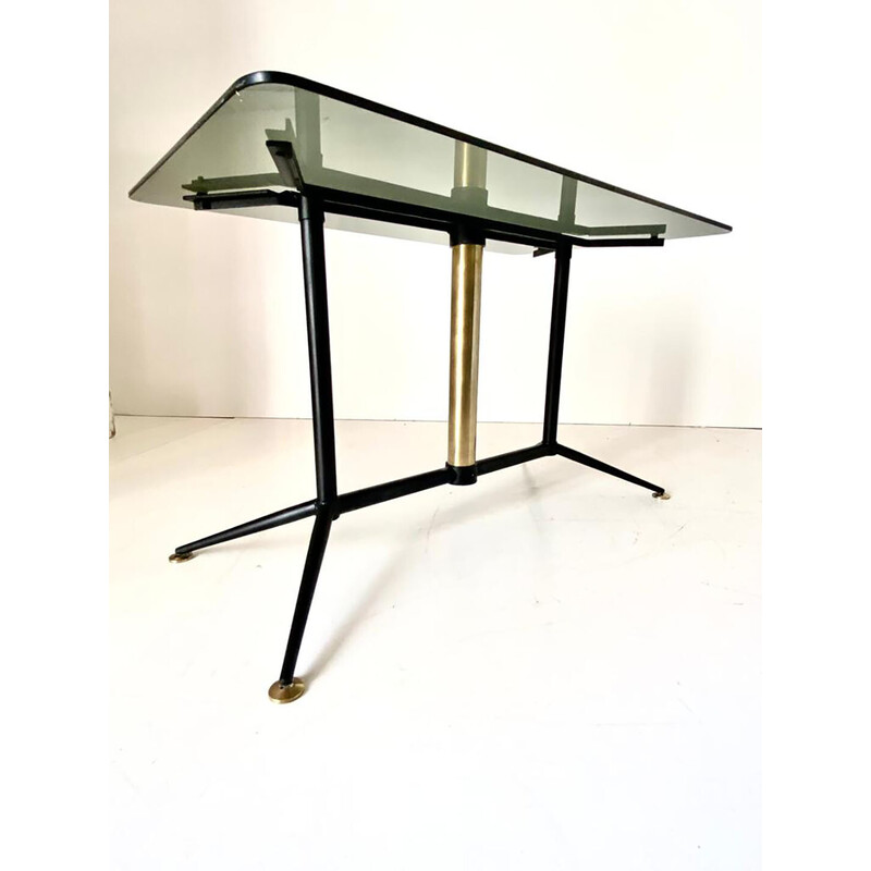 Vintage coffee table with smoked glass top and iron and brass base, Italy 1960