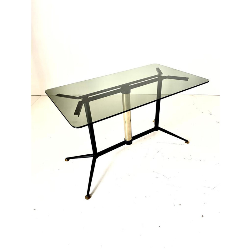 Vintage coffee table with smoked glass top and iron and brass base, Italy 1960