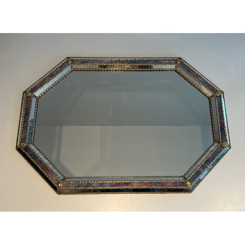 Vintage rectangular mirror made of multi-faceted mirrors and brass garlands, France 1970