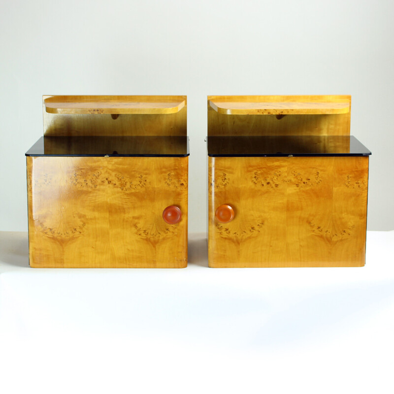 Pair of vintage Art Deco oak wood bedside tables with glass tops, Czechoslovakia 1940