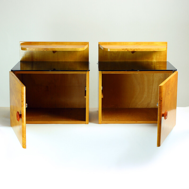 Pair of vintage Art Deco oak wood bedside tables with glass tops, Czechoslovakia 1940