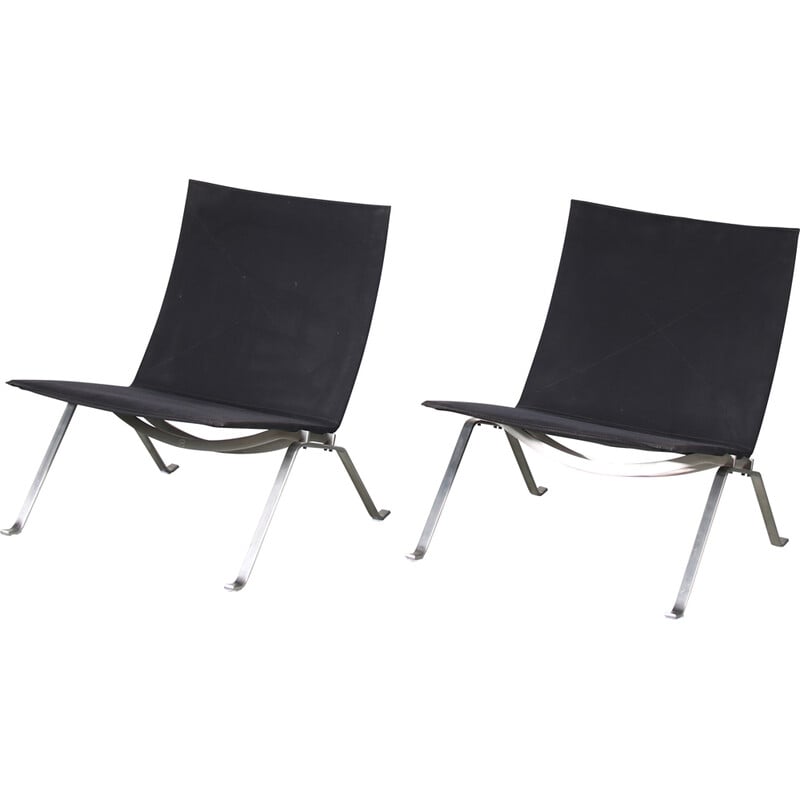 Pair of vintage PK22 chairs in chrome metal and black canvas by Poul Kjaerholm for Fritz Hansen, Denmark 2010