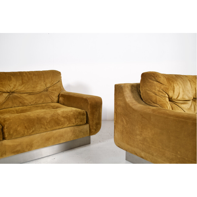 Vintage California 2-seater sofas in chrome steel and brown leather for Jacques Charpentier