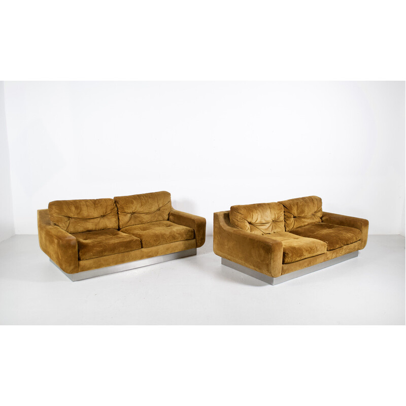 Vintage California 2-seater sofas in chrome steel and brown leather for Jacques Charpentier