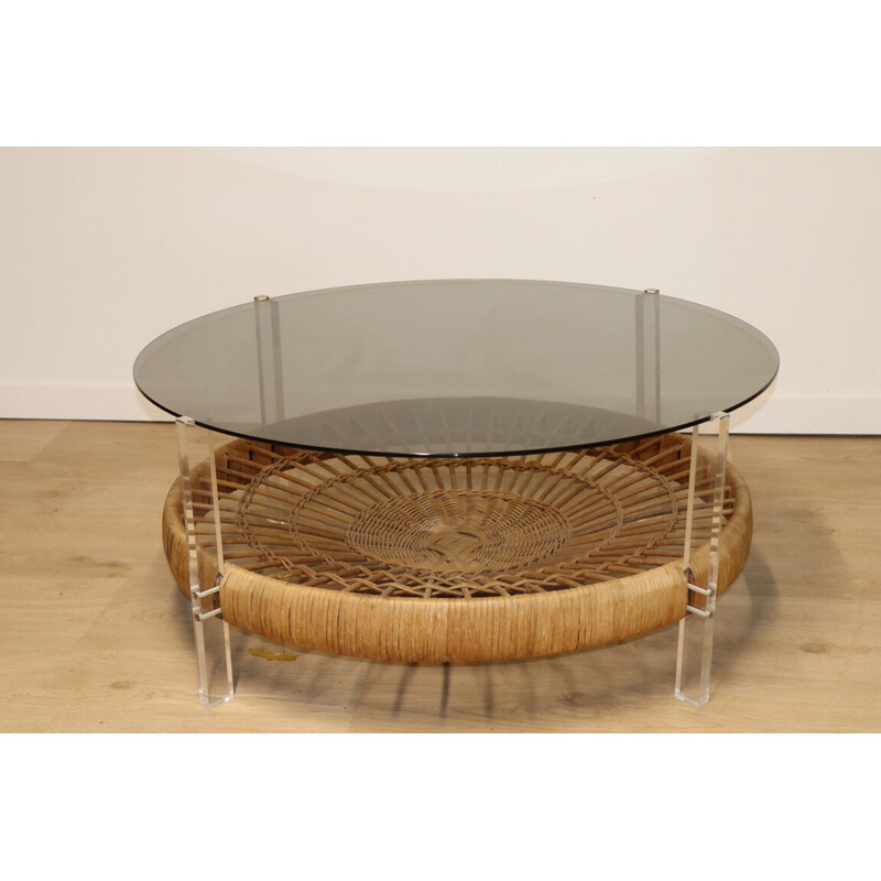 Vintage coffee table in smoked glass and rattan, 1970