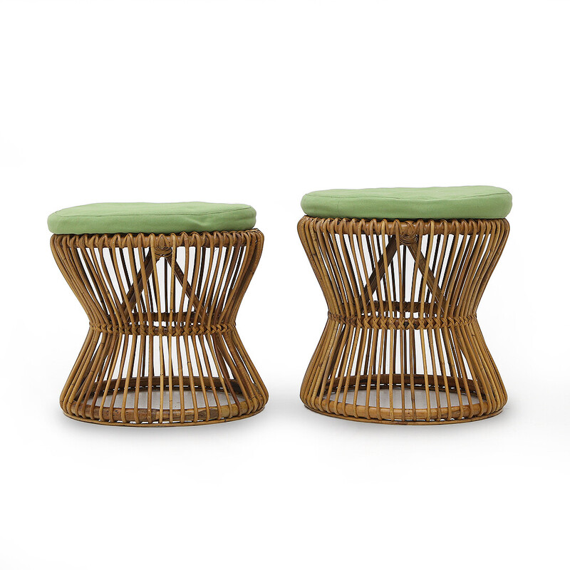 Pair of vintage rattan stools by Tito Agnoli for Bonacina, Italy 1950