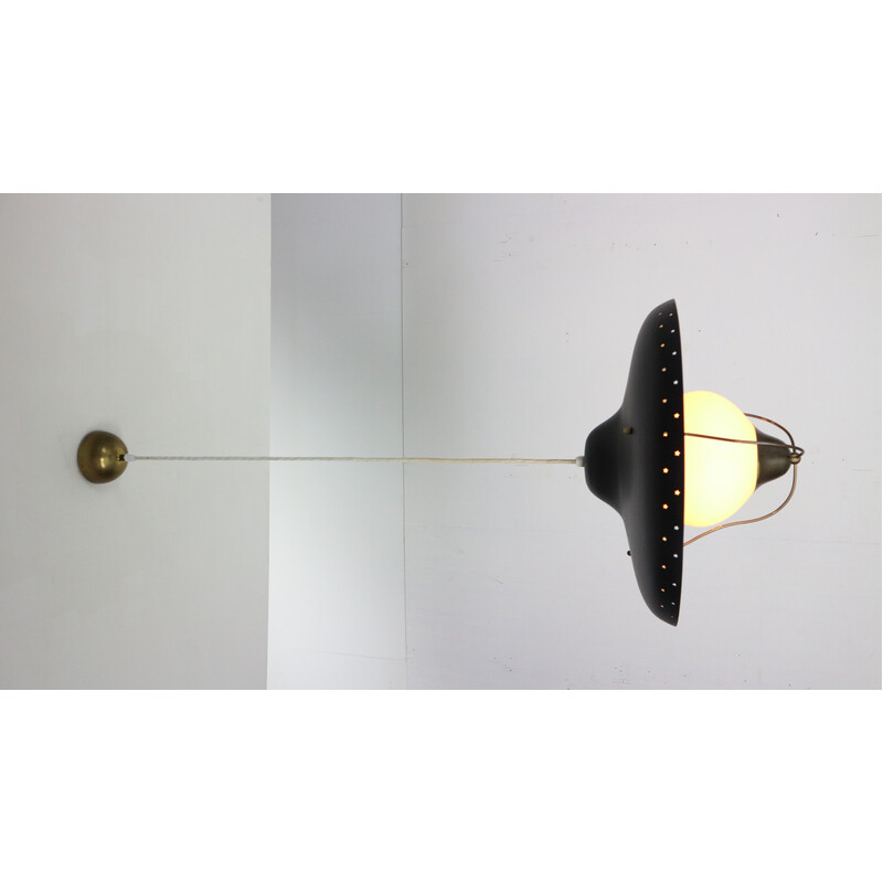 Vintage pendant lamp in opaline glass and opal brass by Bent Karlby for Lyfa, Denmark 1950