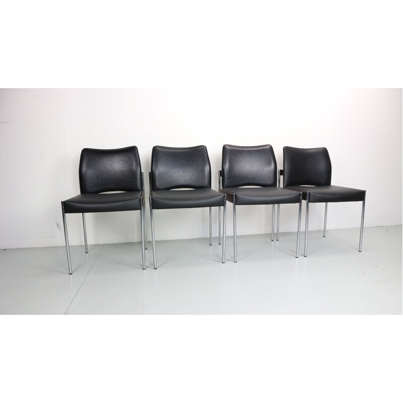 Set of 4 vintage dining chairs in black faux leather and wooden frame for Thereca Holland, 1960