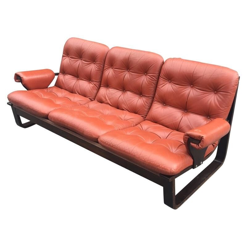Canapé en bois lamellé et cuir rouge orangé - 1970