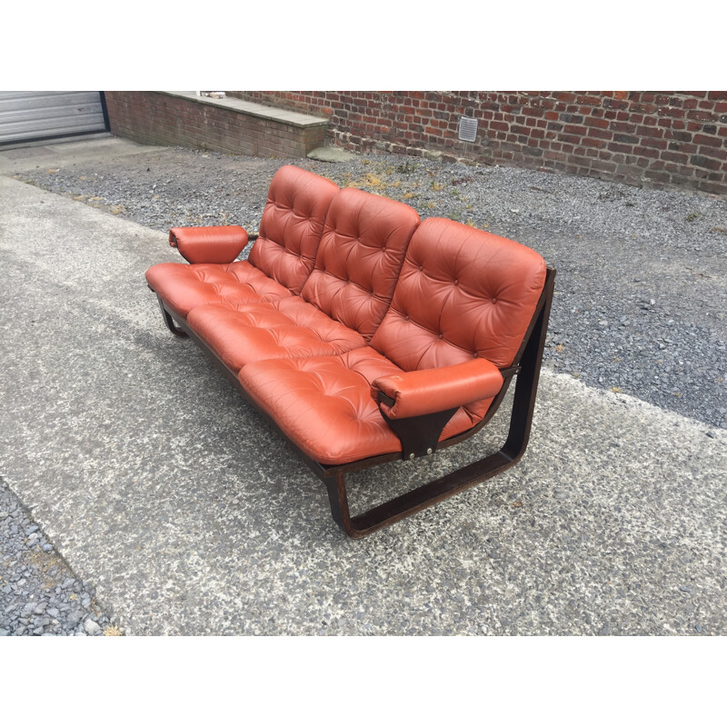Laminated wood and red orange leather Sofa - 1970s