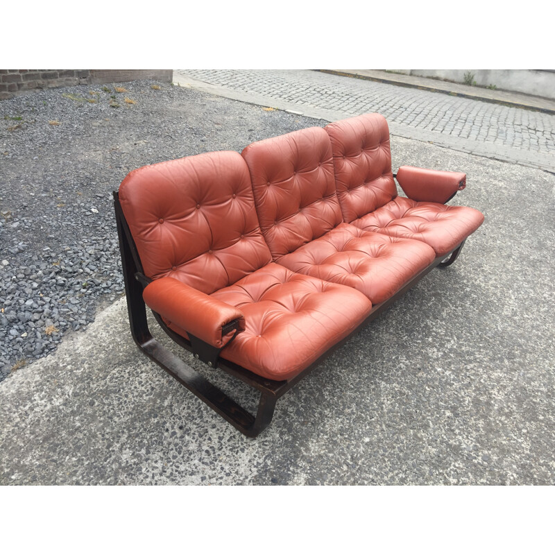 Laminated wood and red orange leather Sofa - 1970s