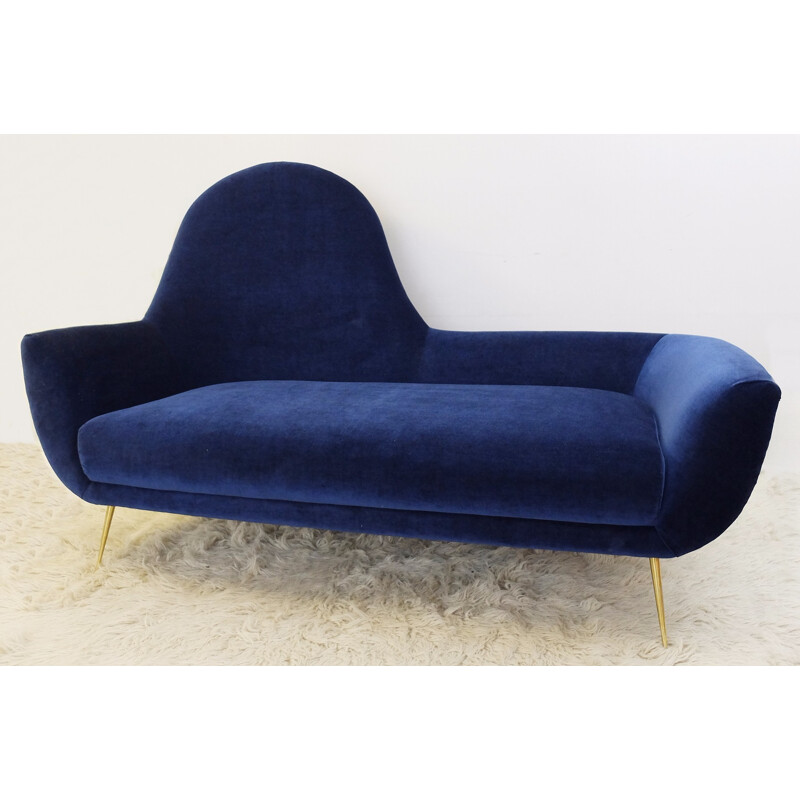 Italian blue 3-seater sofa with brass feet - 1960s