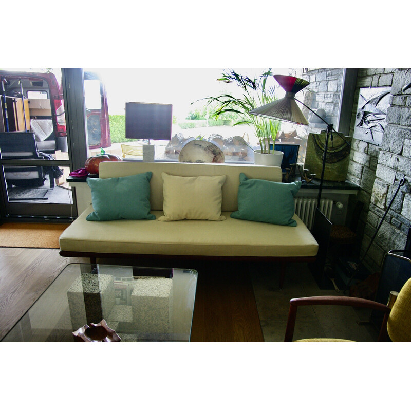 Vintage Minerva daybed in solid teak and alcantara by Peter Hvidt for John Stuart, 1950