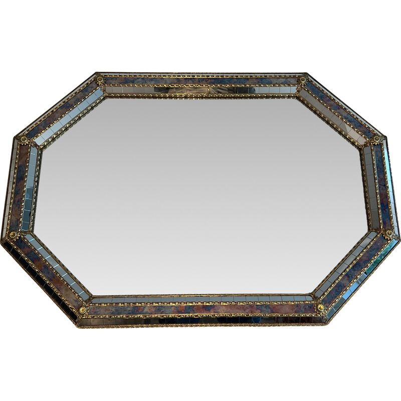 Vintage rectangular mirror made of multi-faceted mirrors and brass garlands, France 1970