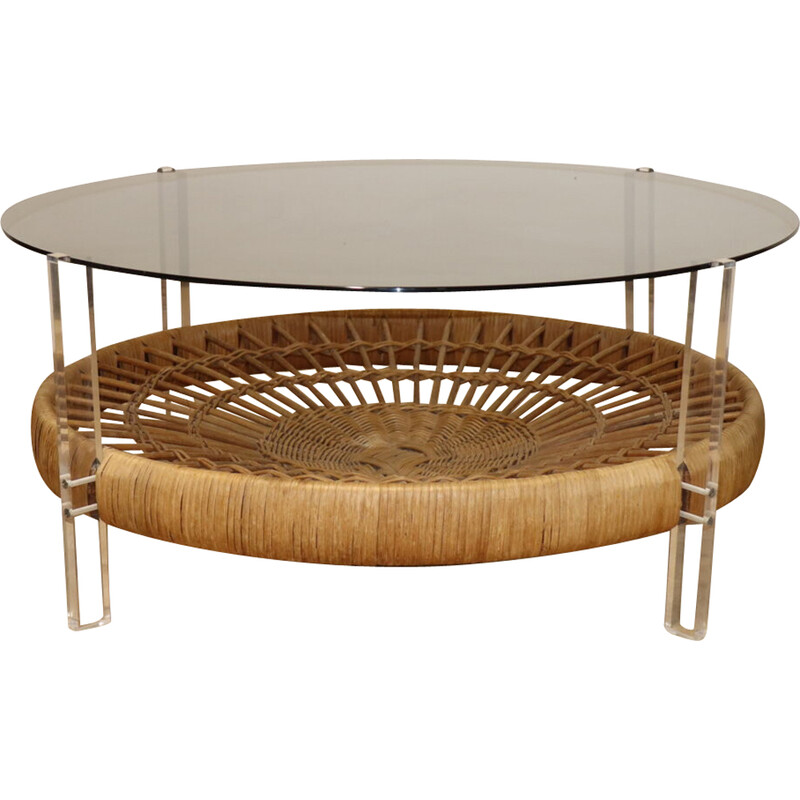 Vintage coffee table in smoked glass and rattan, 1970