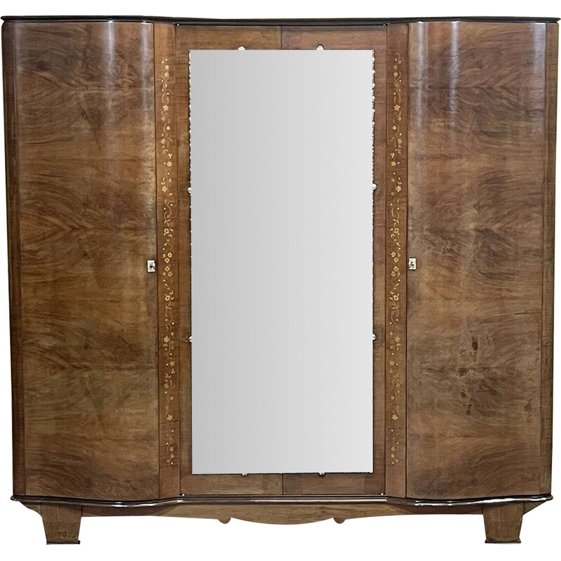 Vintage Art Deco wardrobe in burr walnut and mahogany, 1940