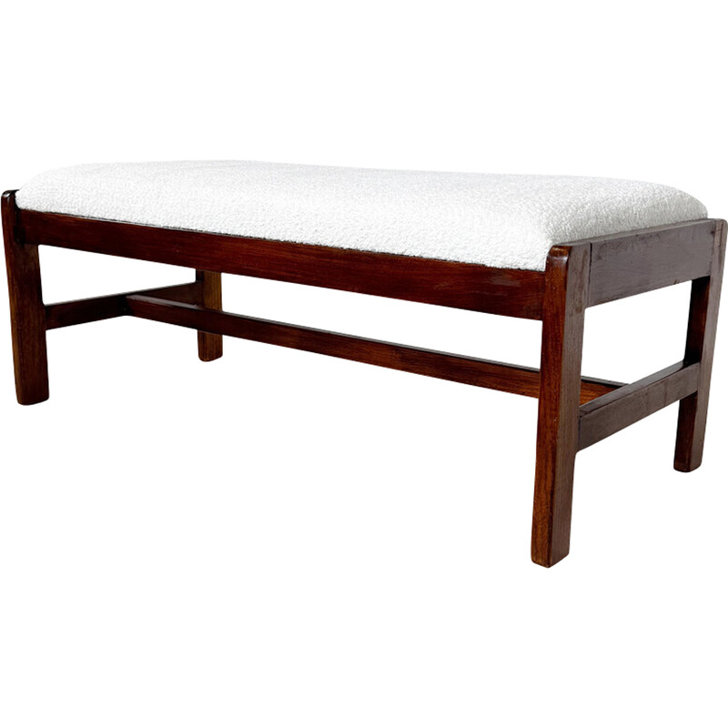Vintage bench in wood and white Boucle fabric, Italy 1960