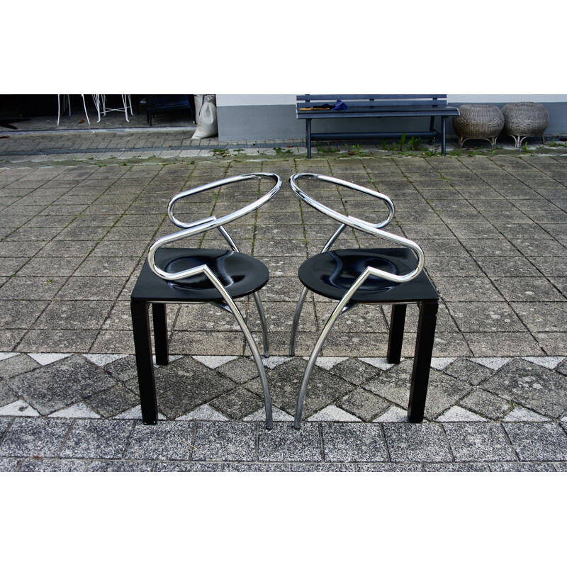 Pair of vintage Space Age chairs in chromed steel and lacquered beech, 1980