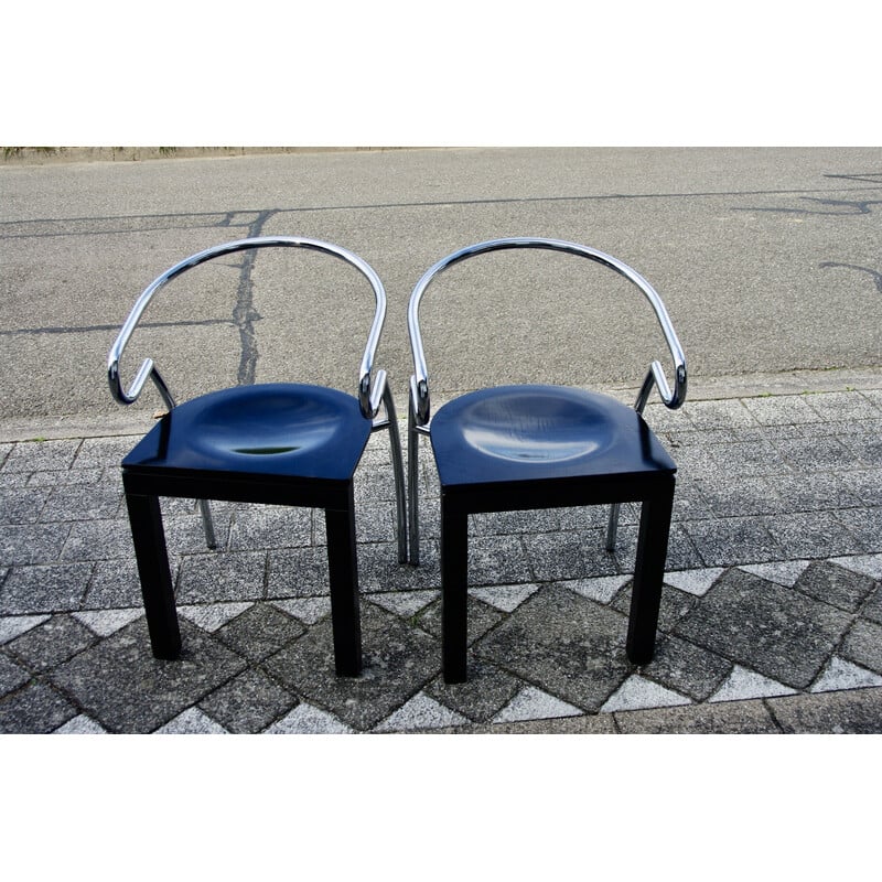 Pair of vintage Space Age chairs in chromed steel and lacquered beech, 1980
