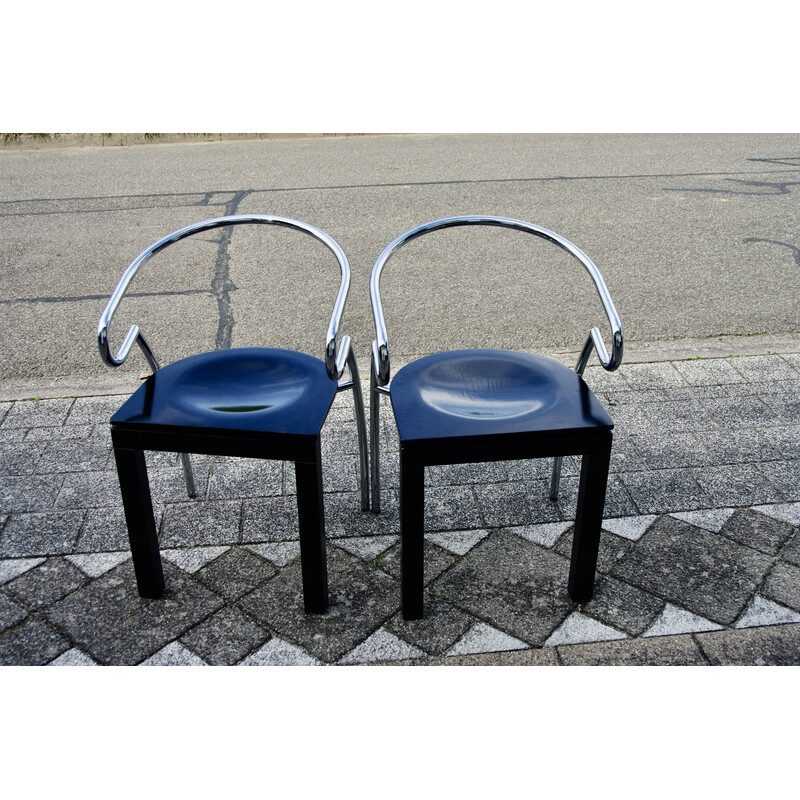 Paire de chaises vintage Space Age en acier chromé et hétre laqué, 1980
