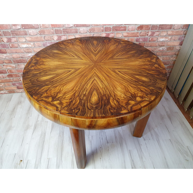 Vintage Art Deco round extendable dining table in coniferous wood and walnut veneer, Poland 1930