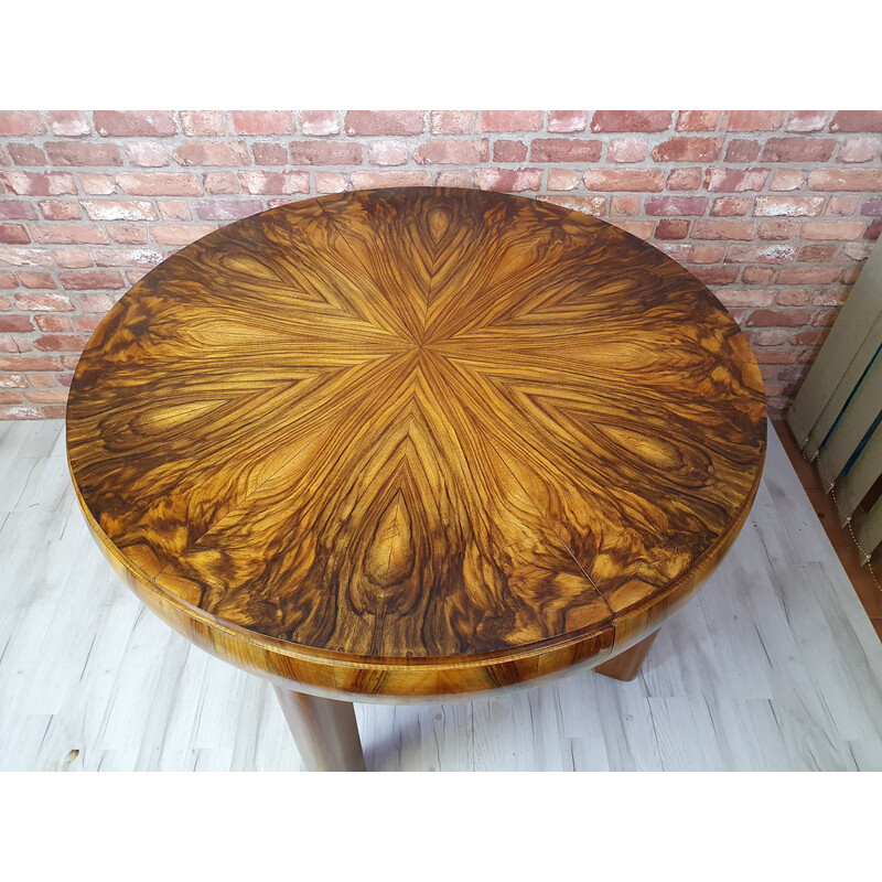 Table à repas vintage Art Déco ronde extensible en bois de conifères et placage de noyer, Pologne 1930