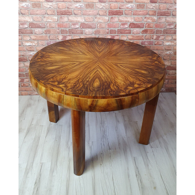 Vintage Art Deco round extendable dining table in coniferous wood and walnut veneer, Poland 1930