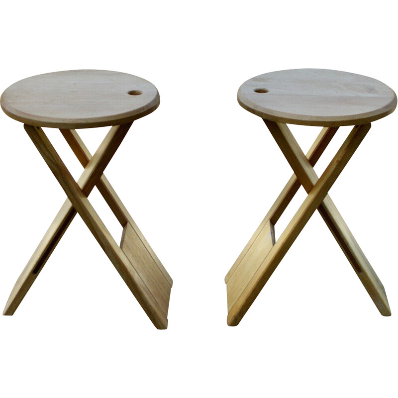 Pair of vintage beech folding stools by Roger Talon, 1960