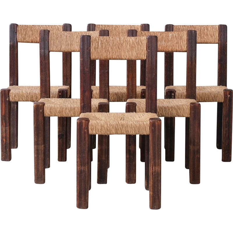 Ensemble de 6 chaises à repas vintage en bois épais et trapu par Chunky Rush, France 1950