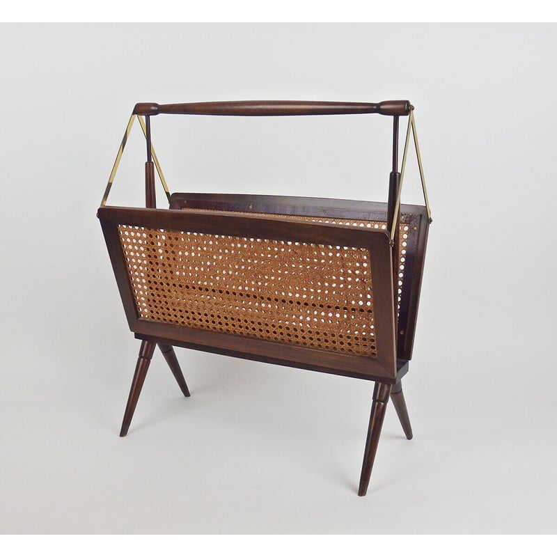 Vintage folding magazine rack in brass and wood, Italy 1960