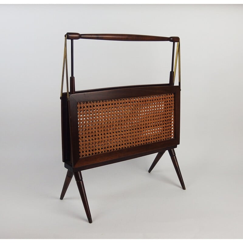 Vintage folding magazine rack in brass and wood, Italy 1960