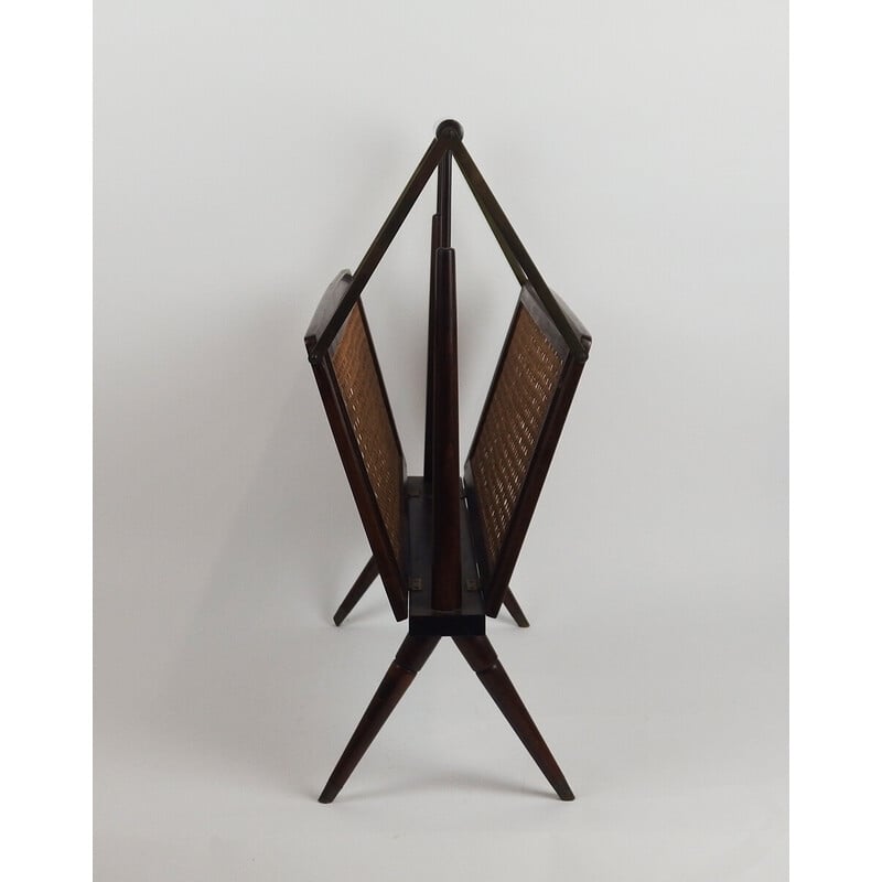 Vintage folding magazine rack in brass and wood, Italy 1960