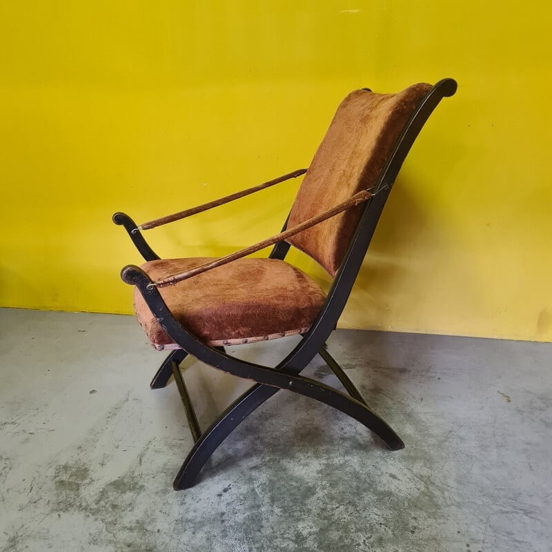 Chaise de campagne vintage en bois laqué noir et tissu, 1800