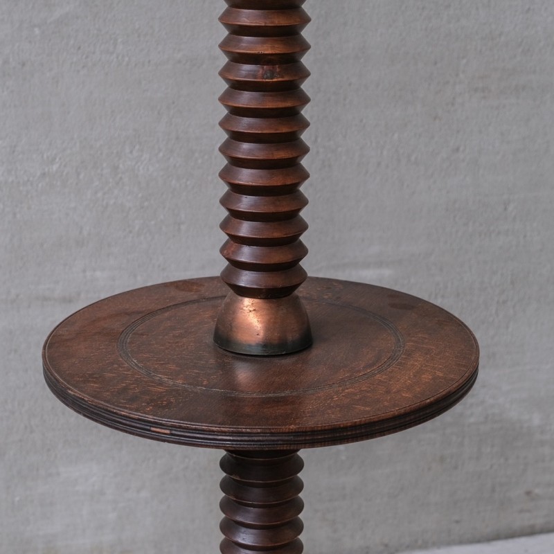 Vintage turned oak and copper floor lamp, France 1950