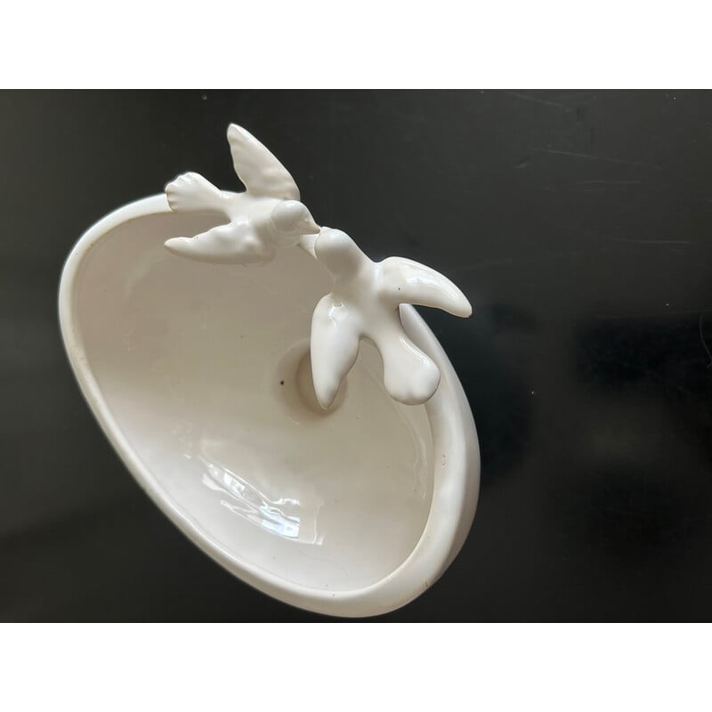 Vintage glazed ceramic bird bowl, 1970