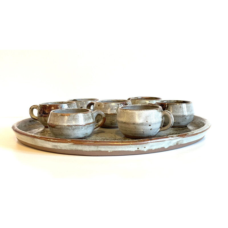Vintage glazed stoneware tray with 7 cups