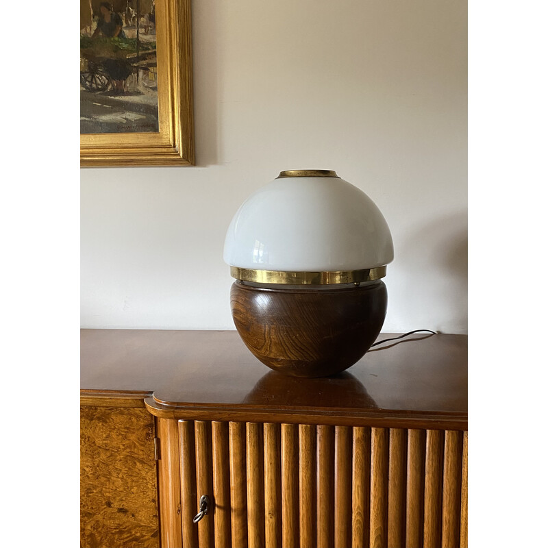 Lampe de table vintage en bois et verre opalin par Luigi Caccia Dominioni, Italie 1970