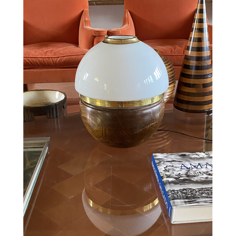 Lampe de table vintage en bois et verre opalin par Luigi Caccia Dominioni, Italie 1970