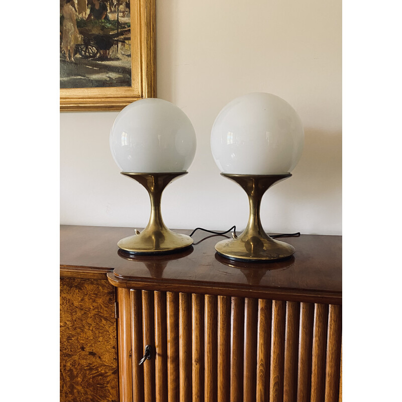 Pair of vintage brass and opal glass table lamps by Ingo Maurer for Stilnovo, Italy 1960