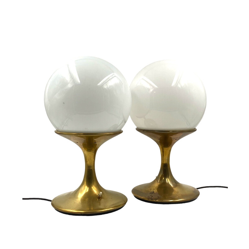 Pair of vintage brass and opal glass table lamps by Ingo Maurer for Stilnovo, Italy 1960