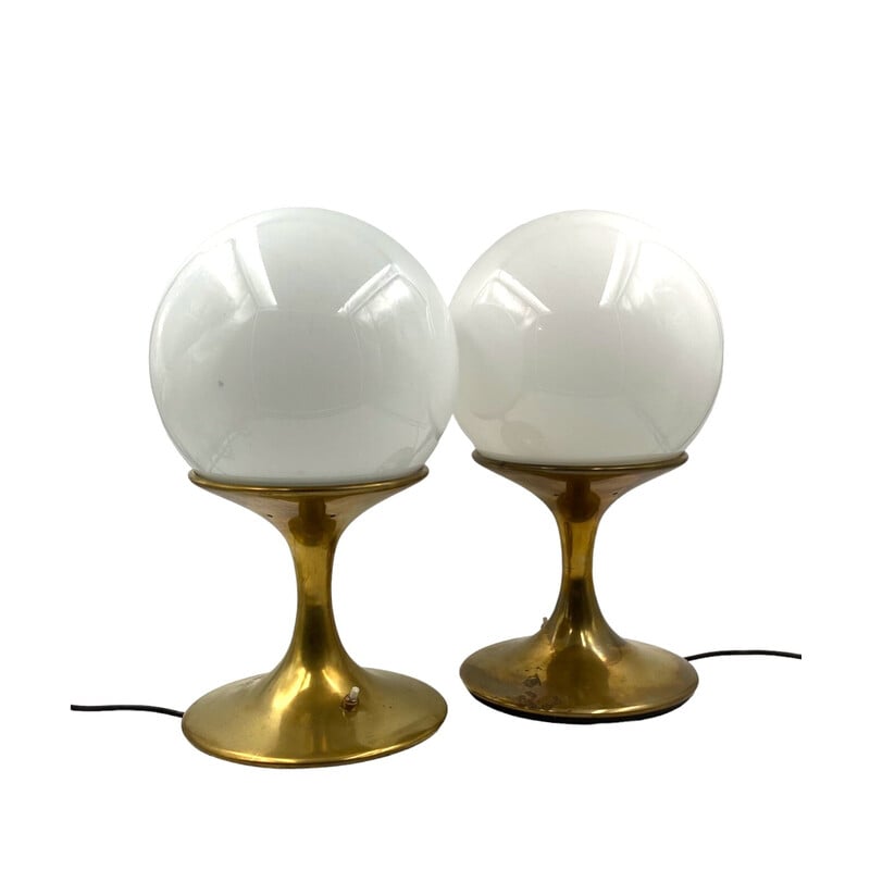 Pair of vintage brass and opal glass table lamps by Ingo Maurer for Stilnovo, Italy 1960