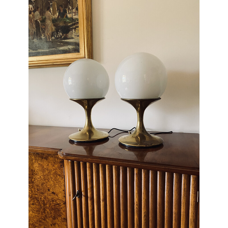 Pair of vintage brass and opal glass table lamps by Ingo Maurer for Stilnovo, Italy 1960