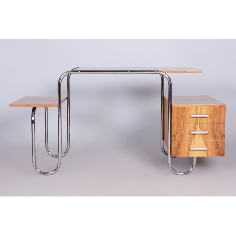 Bureau vintage en noyer et acier chromé par André Lurcat, Tchécoslovaquie 1930