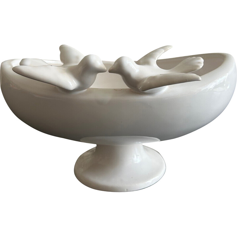 Vintage glazed ceramic bird bowl, 1970